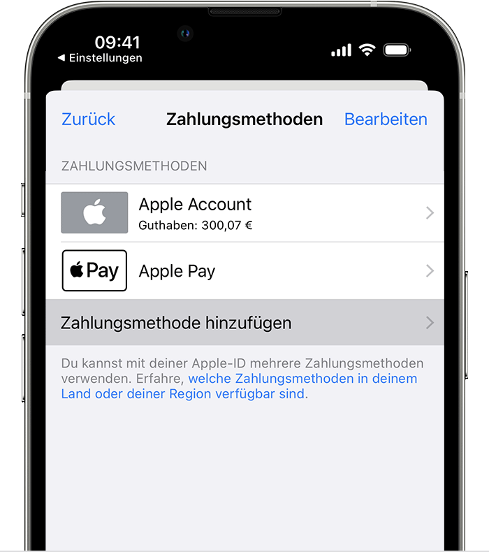 Auf einem iPhone wird unter der Liste der Zahlungsmethoden die Taste "Zahlung hinzufügen" angezeigt.
