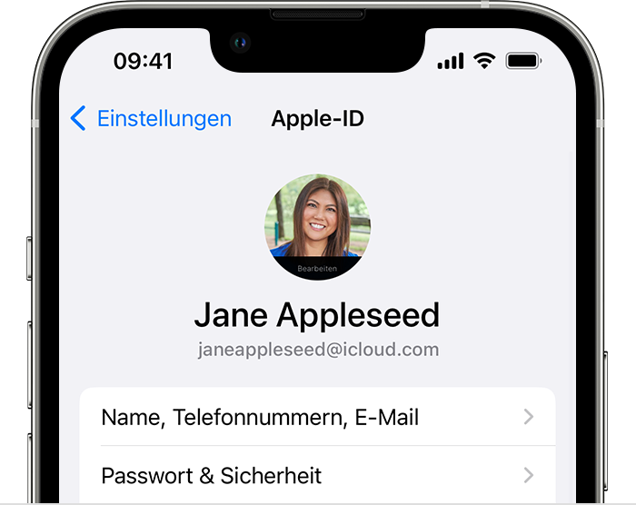 Tippe auf dem iPhone auf deinen Namen, um die E-Mail-Adresse deiner Apple-ID anzuzeigen