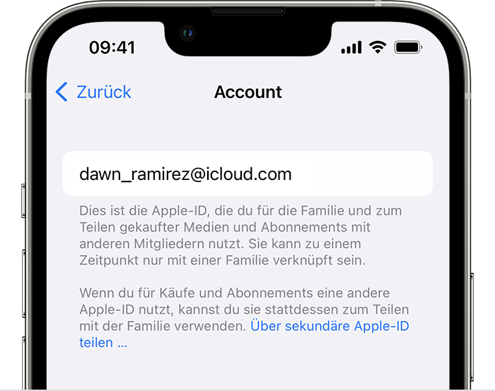 "Über sekundäre Apple-ID teilen" in blauer Schrift.