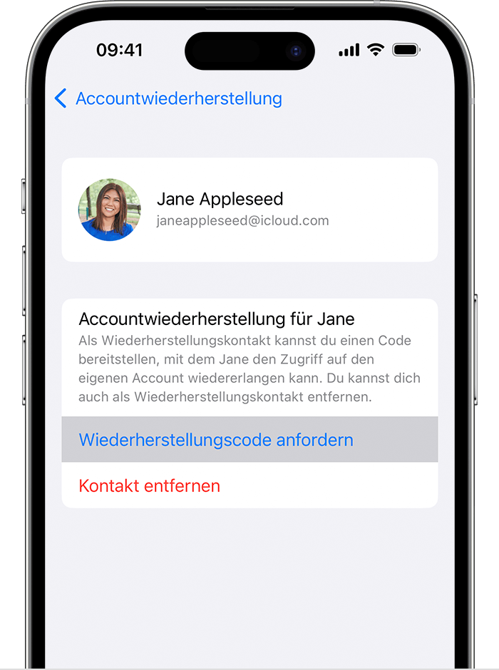 Wiederherstellungscode auf dem iPhone anfordern, um einem Freund oder Familienmitglied zu helfen, auf seinen Account zuzugreifen.