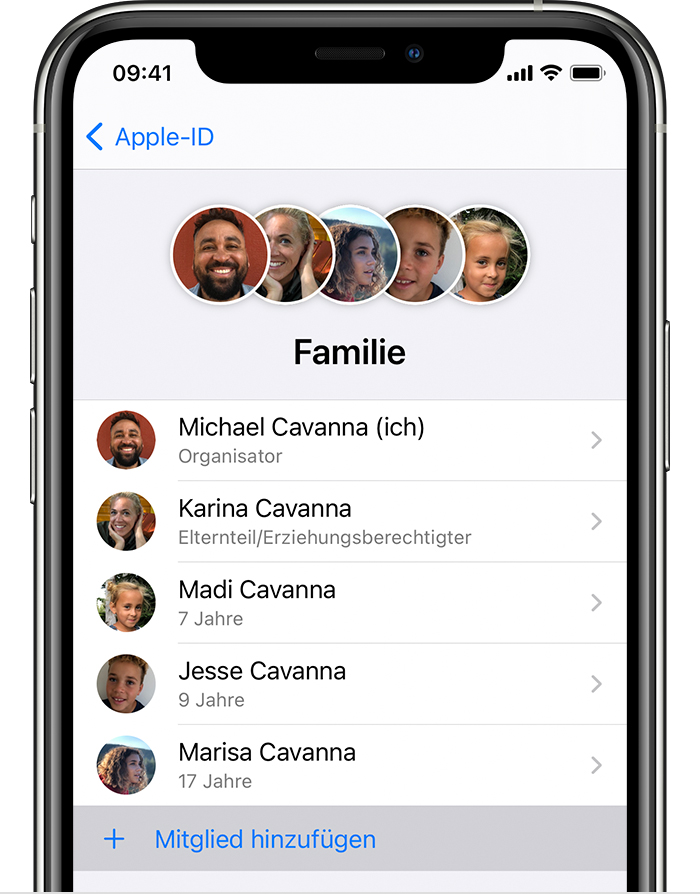 iPhone, auf dem die Taste "Mitglied hinzufügen" unter den Namen anderer Familienmitglieder angezeigt wird.