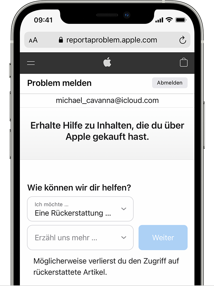 iPhone mit der Website "Problem melden", auf der du eine Rückerstattung beantragen kannst. Nachdem du "Eine Rückerstattung beantragen" ausgewählt hast, wähle den Grund für die Rückerstattung aus.