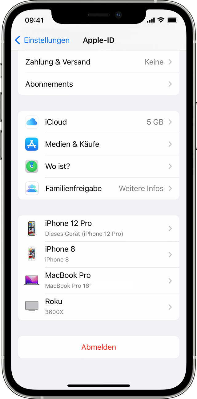 Ein Bildschirmfoto auf einem iPhone mit dem Apple-ID-Menü in den Geräteeinstellungen. Die Geräte werden am unteren Bildschirmrand aufgelistet.