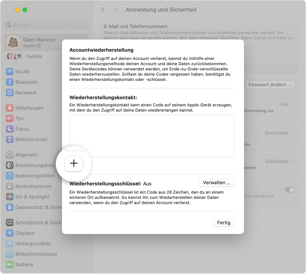Mac-Bildschirm, auf dem gezeigt wird, wie ein Kontakt zur Wiederherstellung hinzugefügt wird