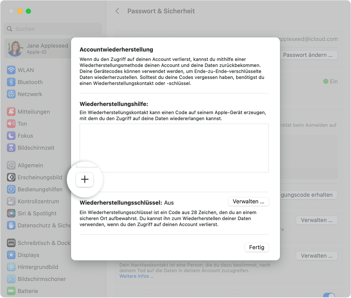 Wiederherstellungskontakt in den Systemeinstellungen auf dem Mac hinzufügen