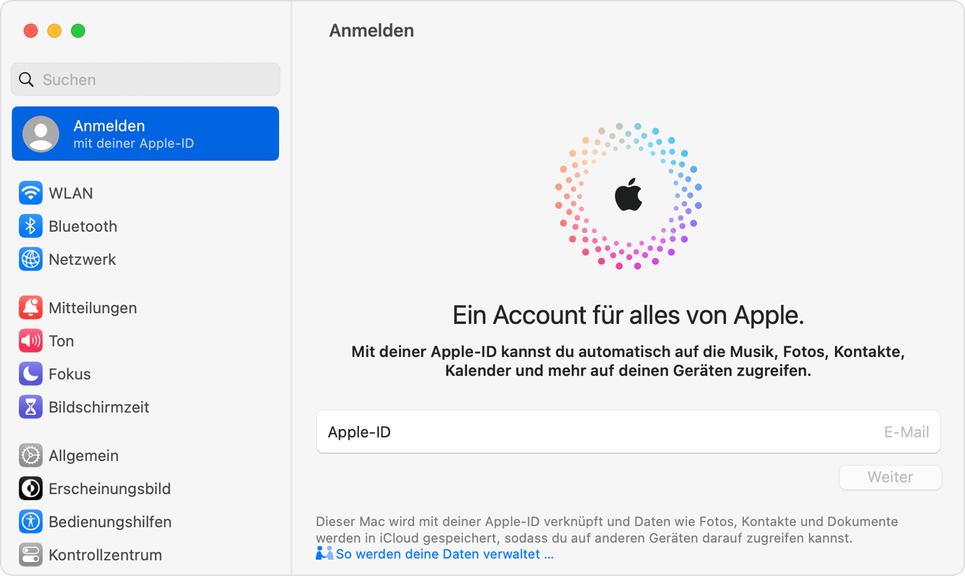 Auf dem Mac mit der Apple-ID in den Systemeinstellungen anmelden