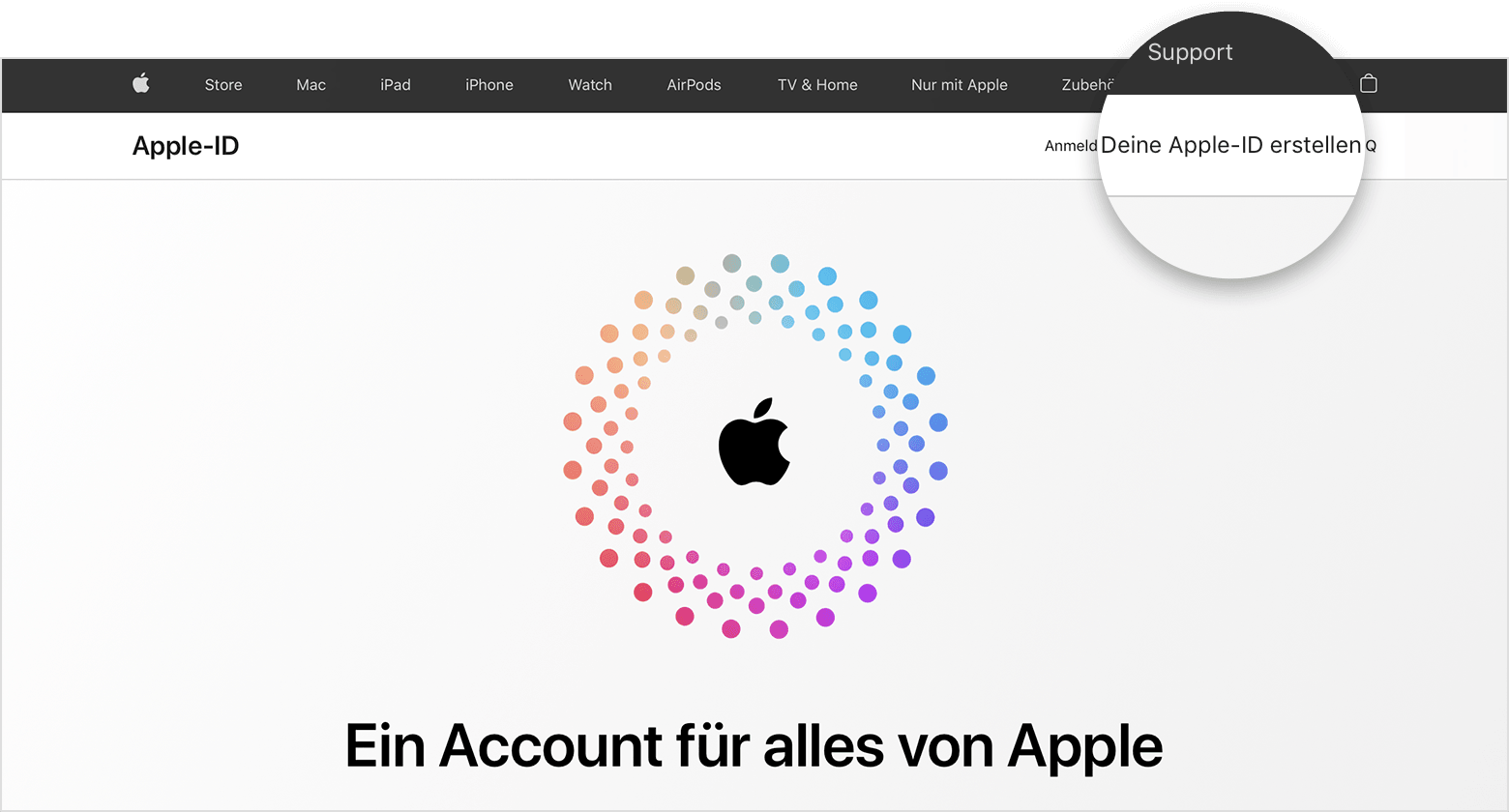 Ein Bildschirmfoto von appleid.apple.com mit einem Apple Logo in der Mitte des Bildschirms, umgeben von konzentrischen farbigen Kreisen.