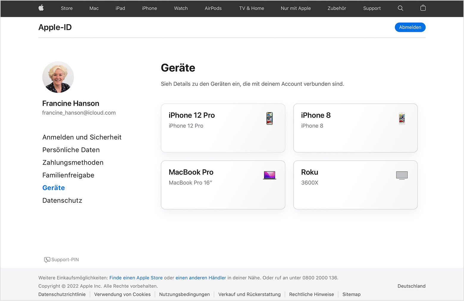 Ein Bild von appleid.apple.com mit drei Geräten für Francine Hanson: einem iPhone 12 Pro, einem MacBook Pro und einem Roku.