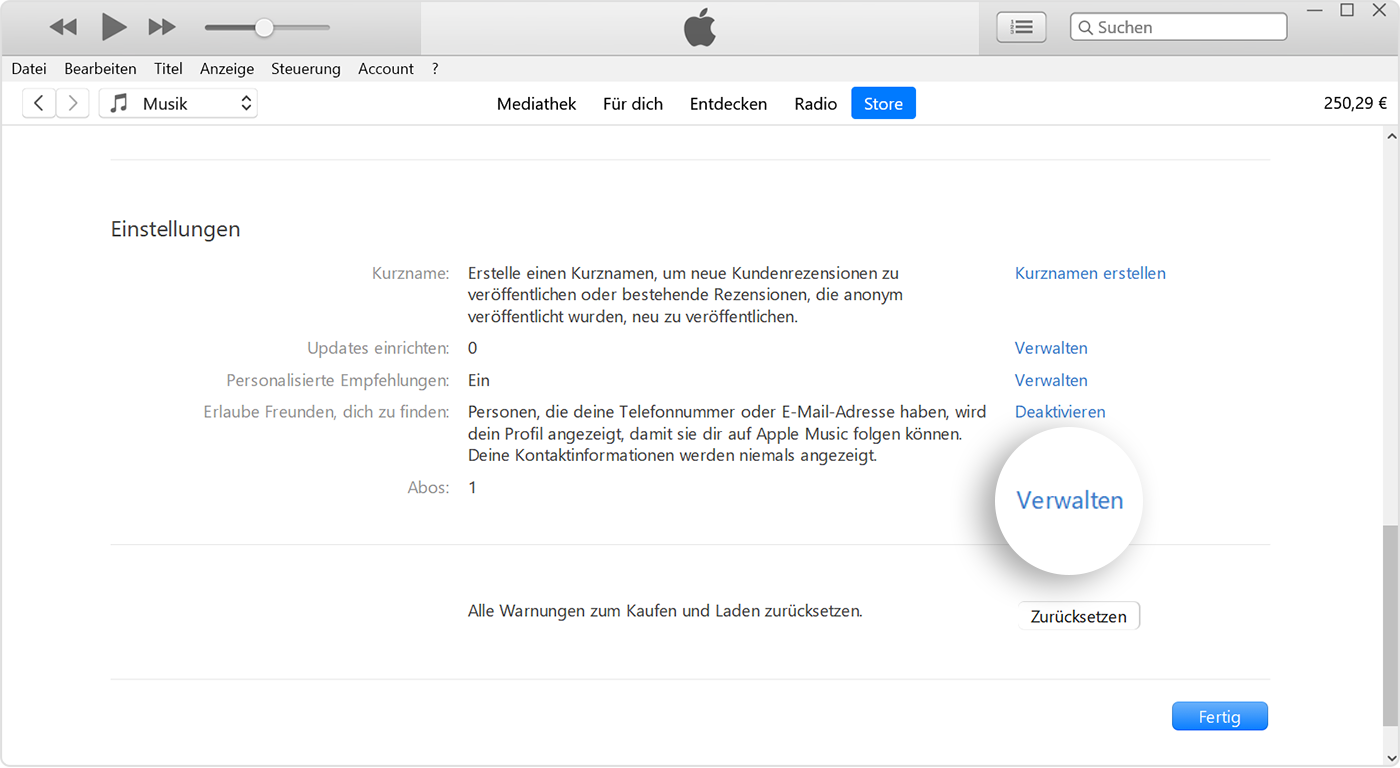 Die Taste "Verwalten" neben "Abonnements" in iTunes.