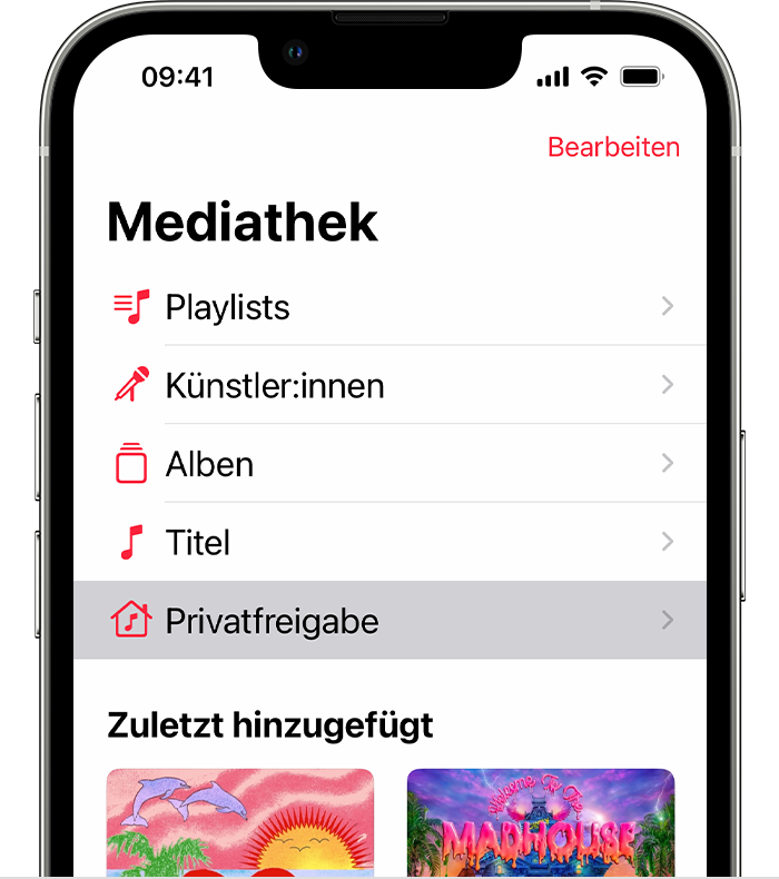 "Privatfreigabe" im Tab mit der Apple Music-Mediathek auf einem iPhone