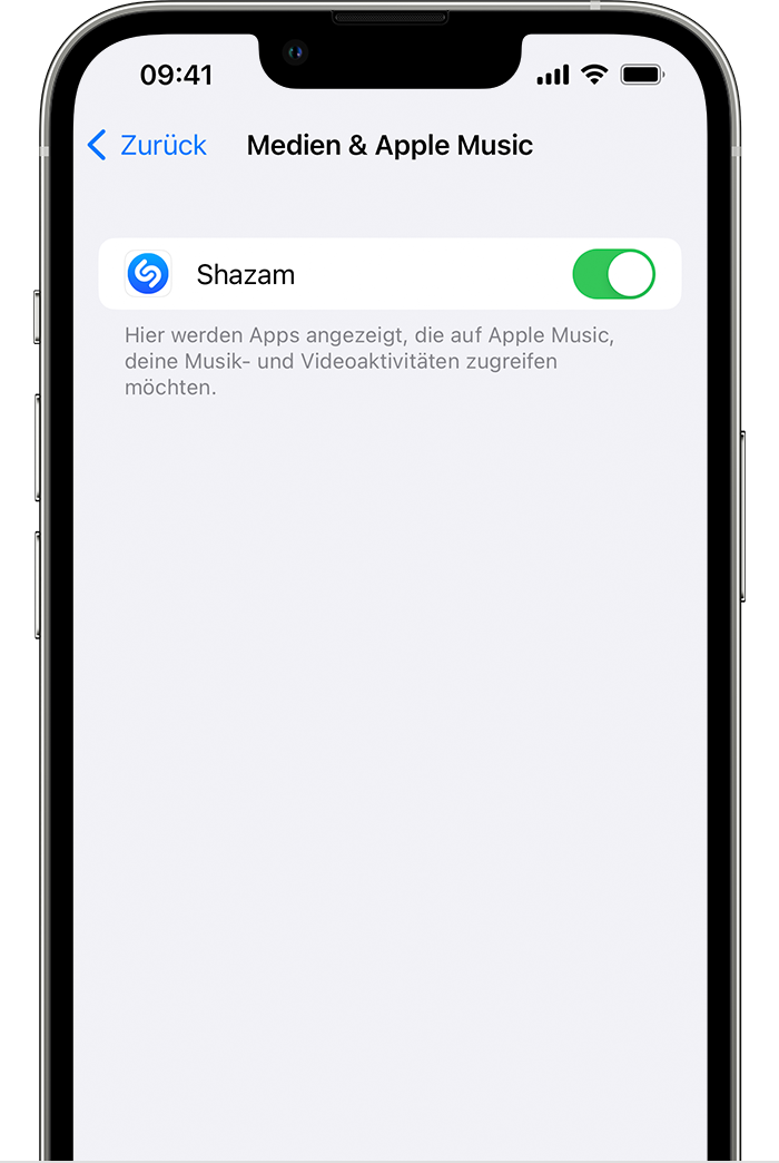 Am iPhone-Bildschirm wird Medien & Apple Music angezeigt.