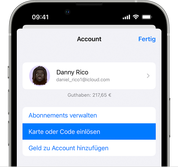Die Option "Geschenkkarte oder Code einlösen" in der Apple TV App auf einem iPhone