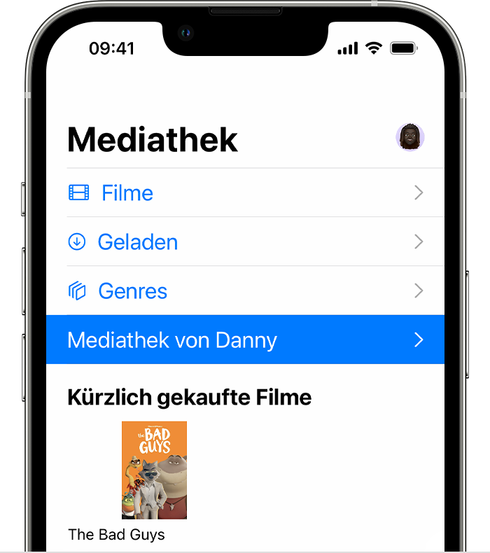 Eine freigegebene Mediathek im Tab "Mediathek" der Apple TV App auf einem iPhone