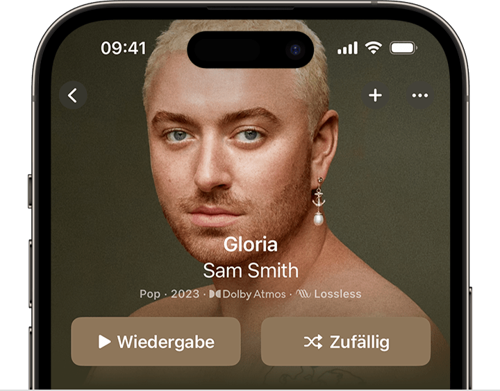 iPhone mit der Zufallswiedergabe-Taste oben in einem Album in der Apple Music-App