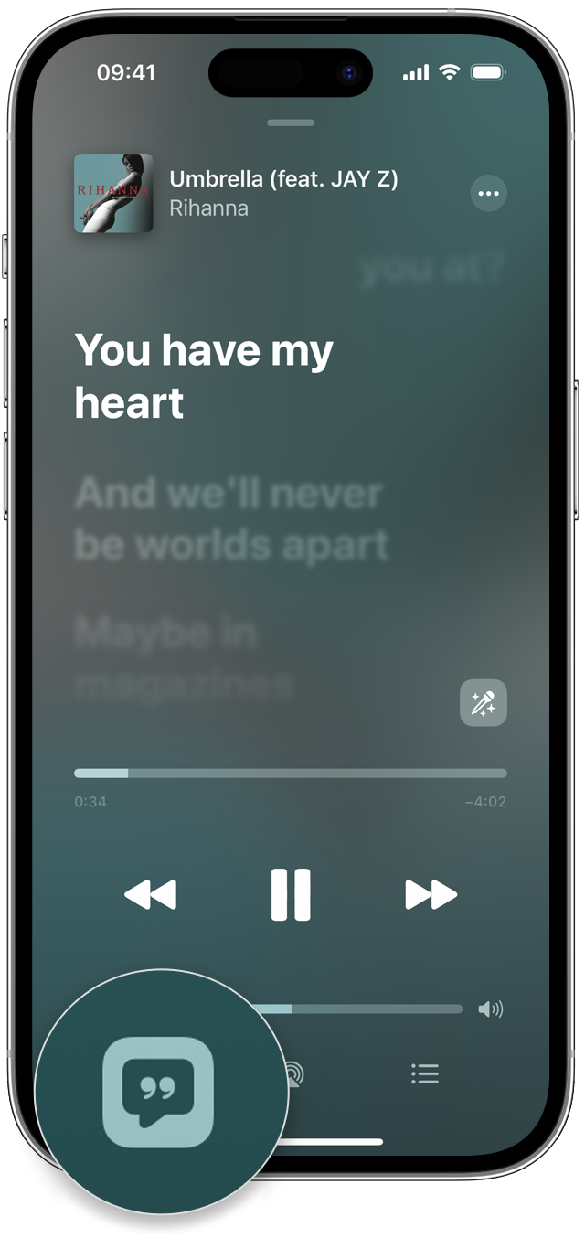 iPhone mit der Taste "Liedtext"