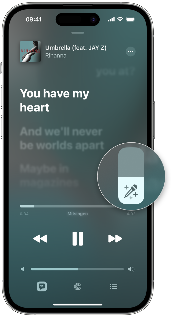 iPhone mit dem Schieberegler zum Anpassen der Gesangslautstärke