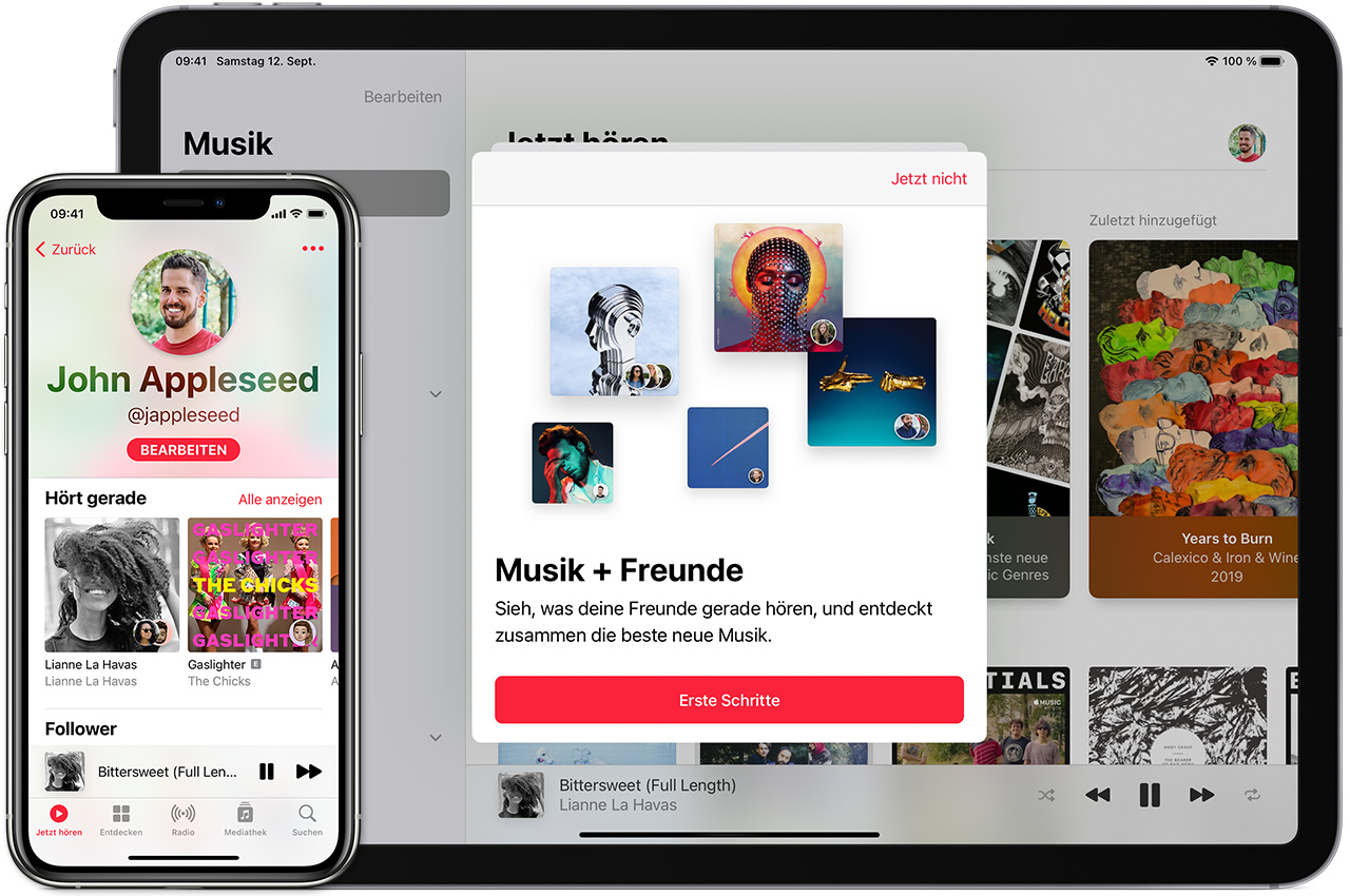 Ein iPhone, das das Profil eines Benutzers in der App "Apple Music" anzeigt. Und ein Mac mit dem Bildschirm "Los geht's" zum Erstellen eines neuen Profils in der App "Apple Music".