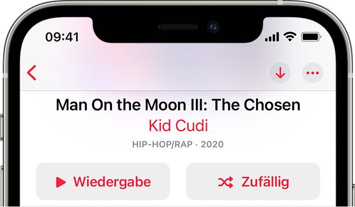 iPhone mit der Zufallswiedergabe-Taste im oberen Bereich eines Albums.