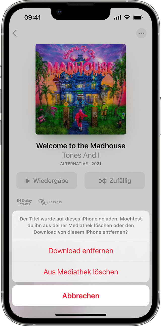 Optionen "Aus Mediathek löschen" oder "Download entfernen" in der Apple Music-App auf dem iPhone, iPad, iPod touch oder Android-Gerät
