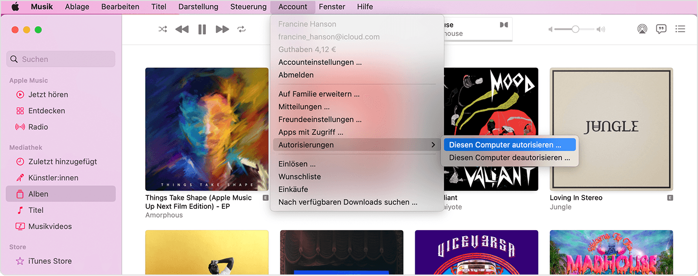 Apple Music-App mit Menü "Account", Menüelement "Autorisierungen", Option "Diesen Computer autorisieren" 