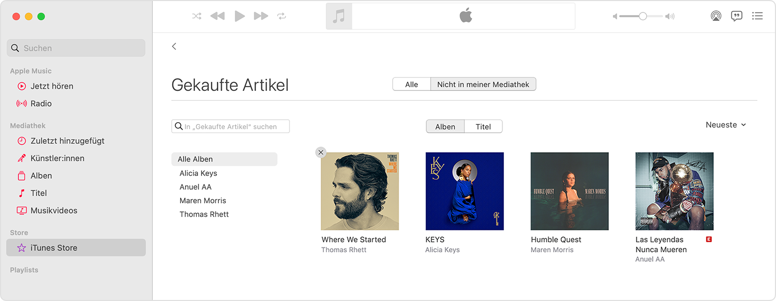 Die Taste "Kauf ausblenden" in der App "Apple Music" auf einem Mac