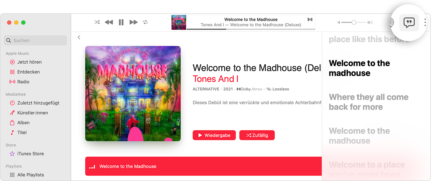 Die Apple Music-App auf dem Mac mit der Taste "Liedtext" und zeitlich synchronisierten Liedtexten