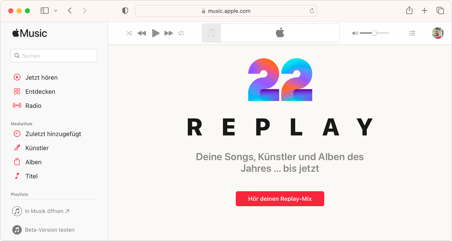 Safari-Fenster mit der Taste "Hör deinen Replay-Mix" auf replay.apple.com