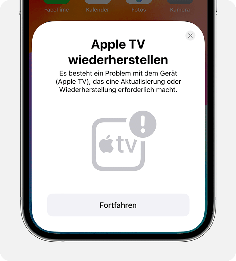 Die Mitteilung „Apple TV wiederherstellen“ auf dem iPhone