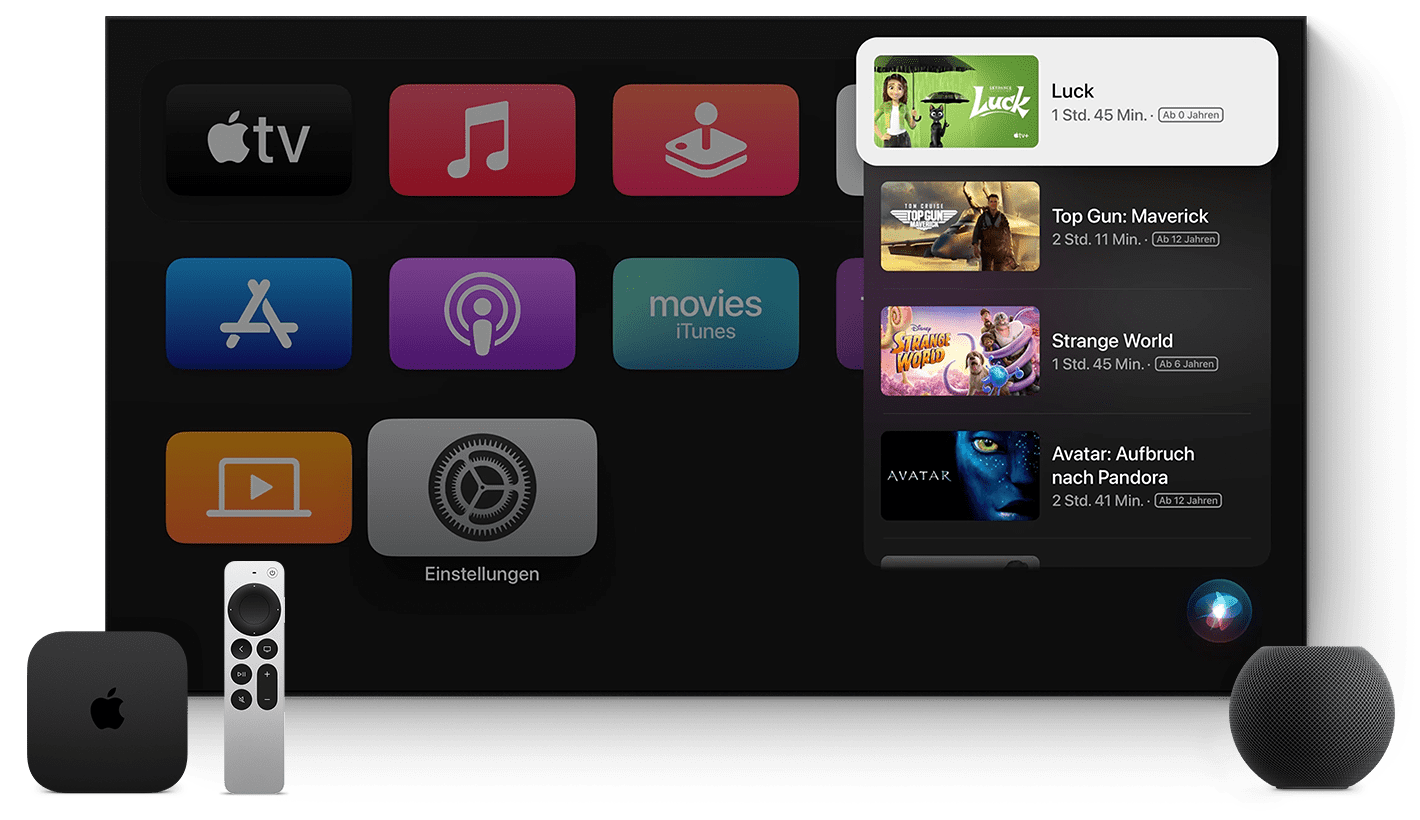 Abbildung des Home-Bildschirms von Apple TV+ mit einem Apple TV und HomePod.