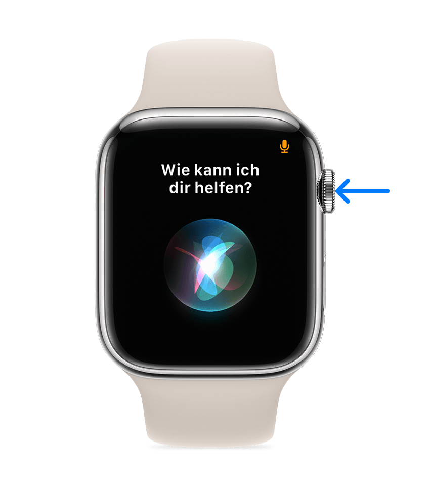 Pfeil, der auf die Digital Crown auf der Apple Watch zeigt.