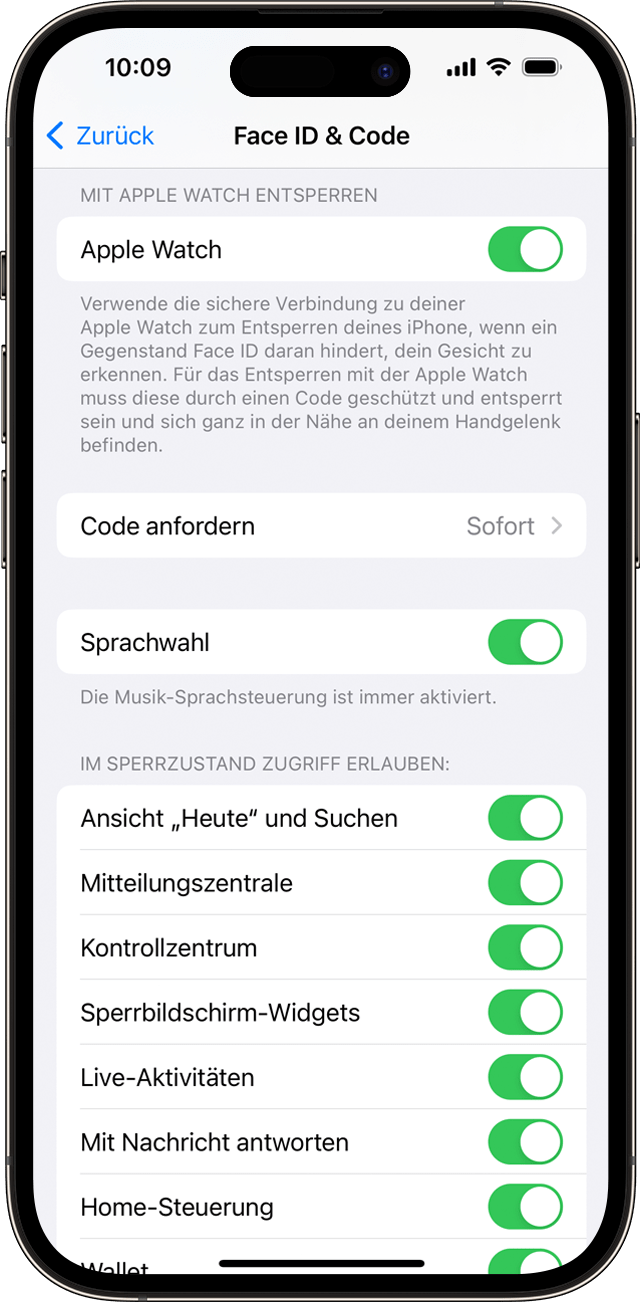 iOS-Bildschirmfoto mit den Optionen für das Einstellen von Face ID & Code.