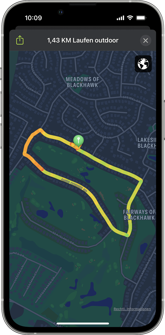Eine Karte eines Outdoor-Lauftrainings auf einem iPhone