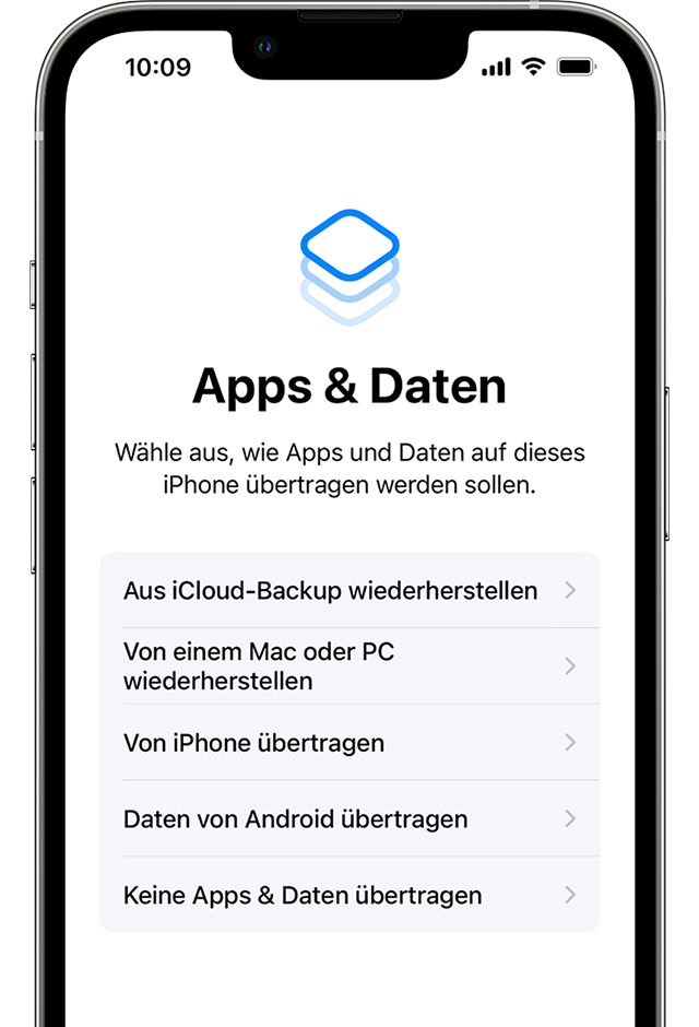 iPhone, auf dem der Einrichtungsbildschirm für "Apps & Daten" angezeigt wird