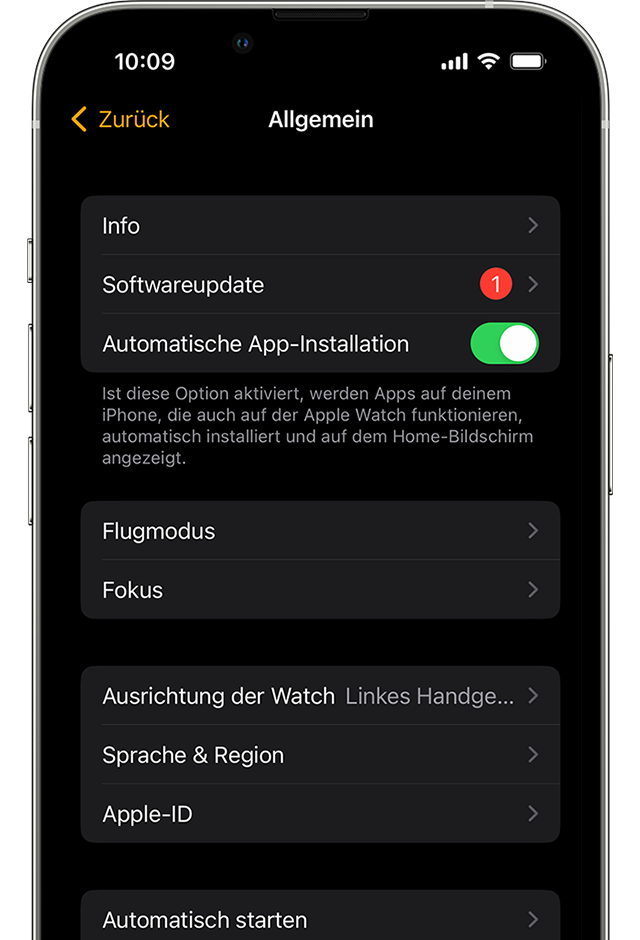 iPhone, auf dem angezeigt wird, dass ein Softwareupdate für die Apple Watch verfügbar ist