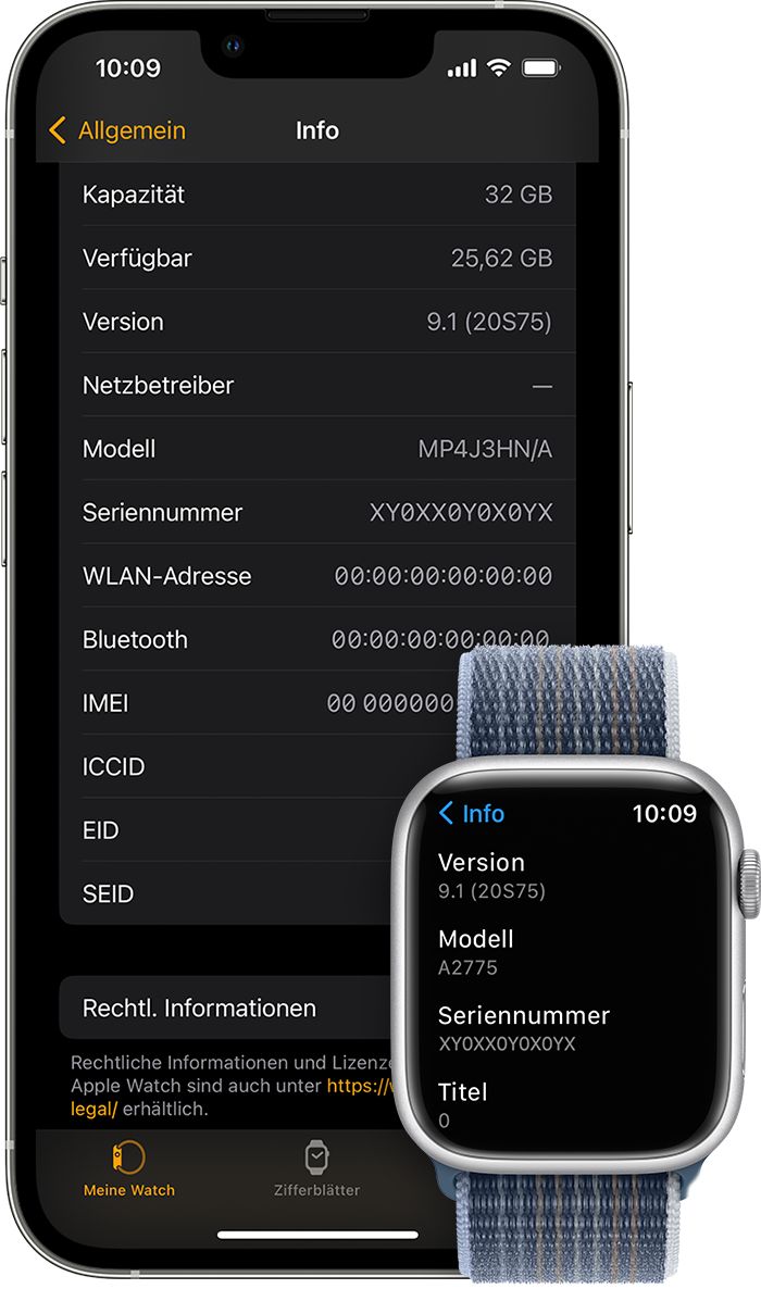 Bildschirm "Info" auf dem iPhone und der Apple Watch.