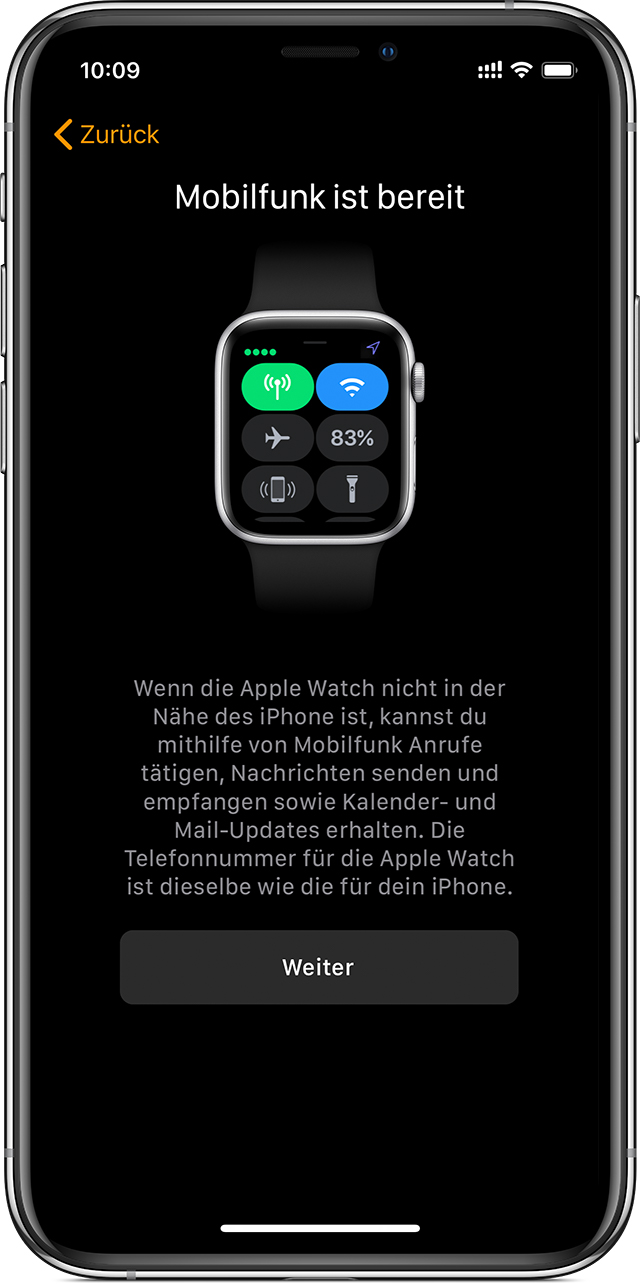 Einrichtungsbildschirm auf einem iPhone, mit der Information, dass deine Apple Watch nun Mobilfunk nutzen kann