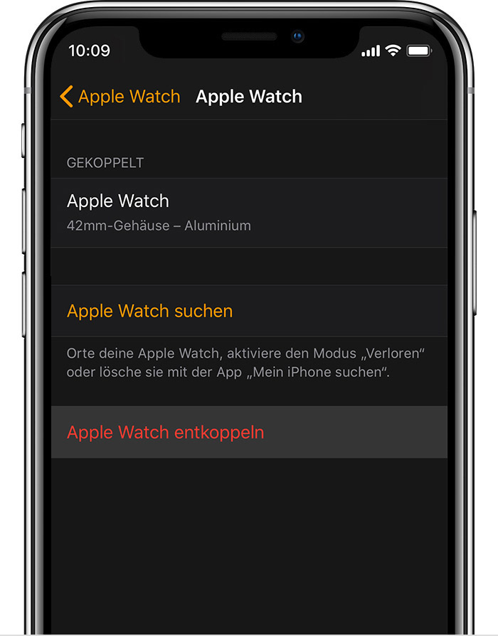Apple Watch-Bildschirm auf dem iPhone mit Details zu Johns Apple Watch mit Aluminiumgehäuse.