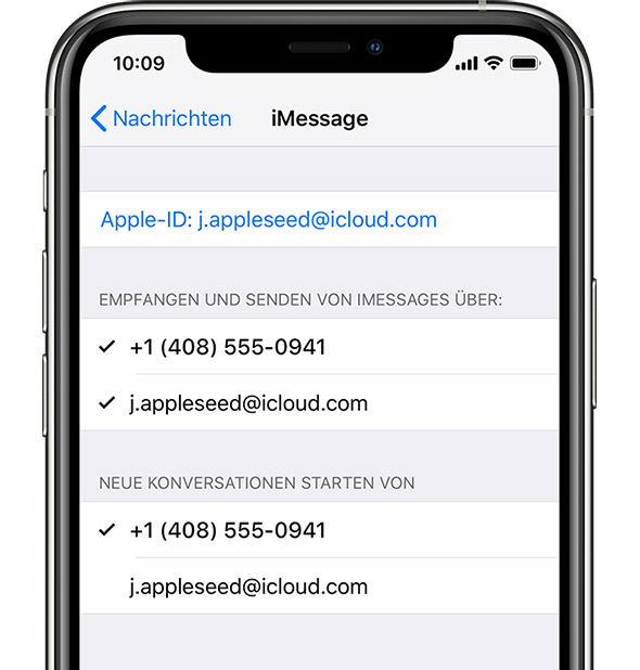 John Appleseed ist mit der Apple-ID bei iMessage angemeldet.