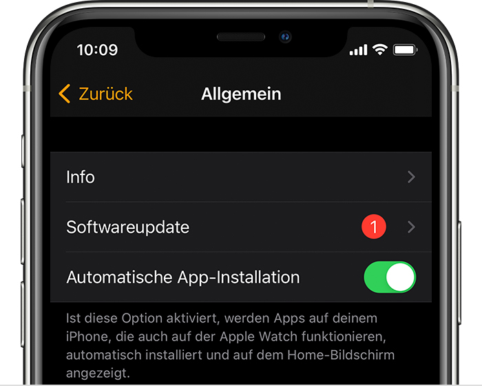 iPhone-Bildschirm, auf dem ein verfügbares Softwareupdate für die Apple Watch angezeigt wird