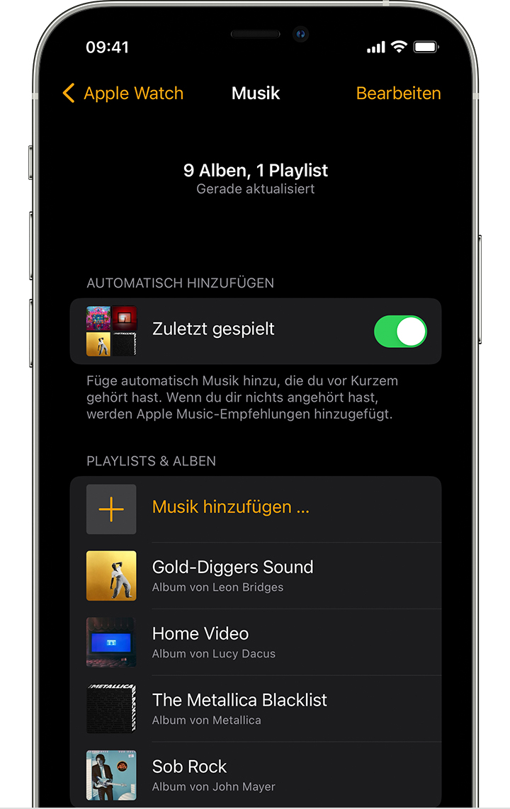 Die Apple Watch-App auf dem iPhone zeigt Playlists und Alben an, die du hinzufügen kannst.