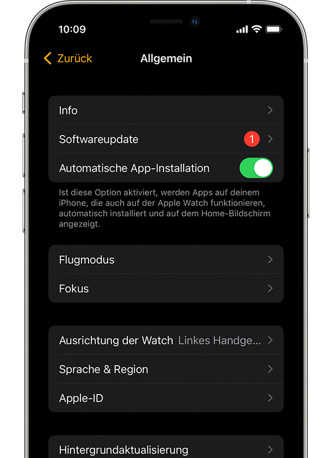 iPhone, auf dem angezeigt wird, dass ein Softwareupdate für die Apple Watch verfügbar ist