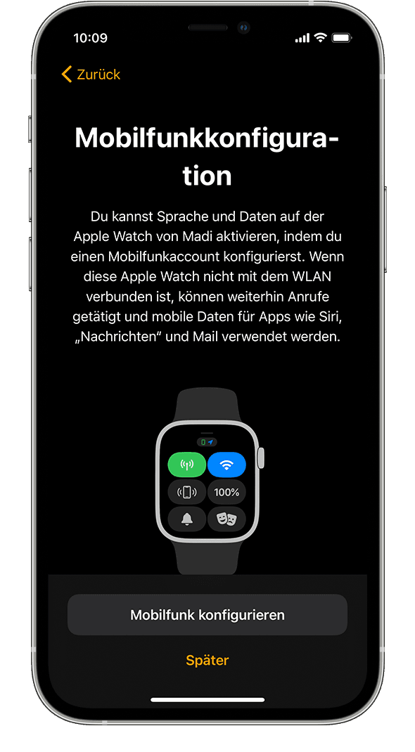 Ersteinrichtungsbildschirm auf dem iPhone mit der Information, dass die Apple Watch nun Mobilfunk nutzen kann.