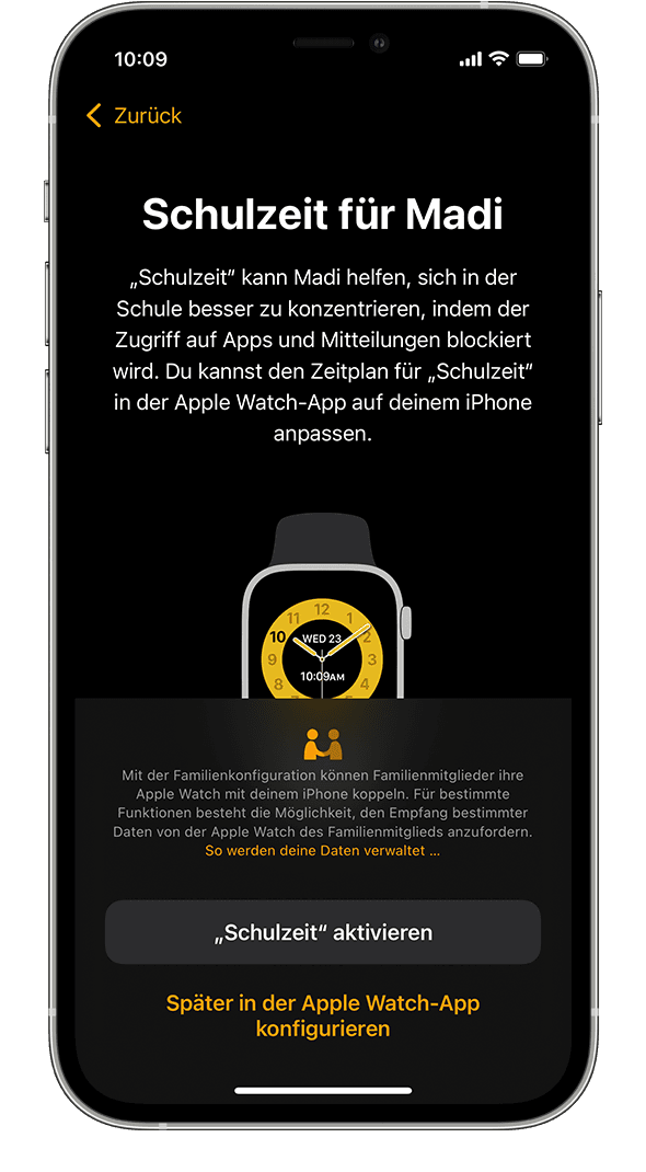 Die Option "Schulzeit" während der Einrichtung der Apple Watch auf einem iPhone.