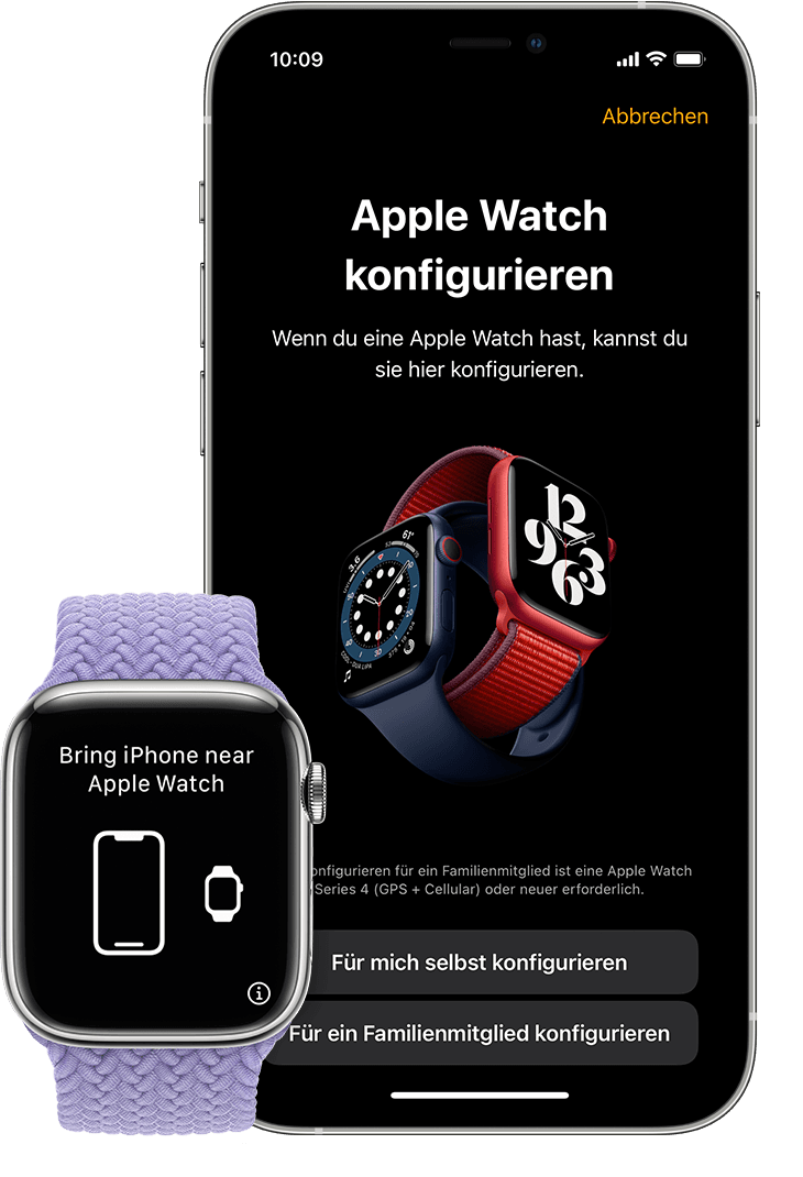 Der Bildschirm zur Ersteinrichtung zum Koppeln einer neuen Watch auf einem iPhone und einer Apple Watch.