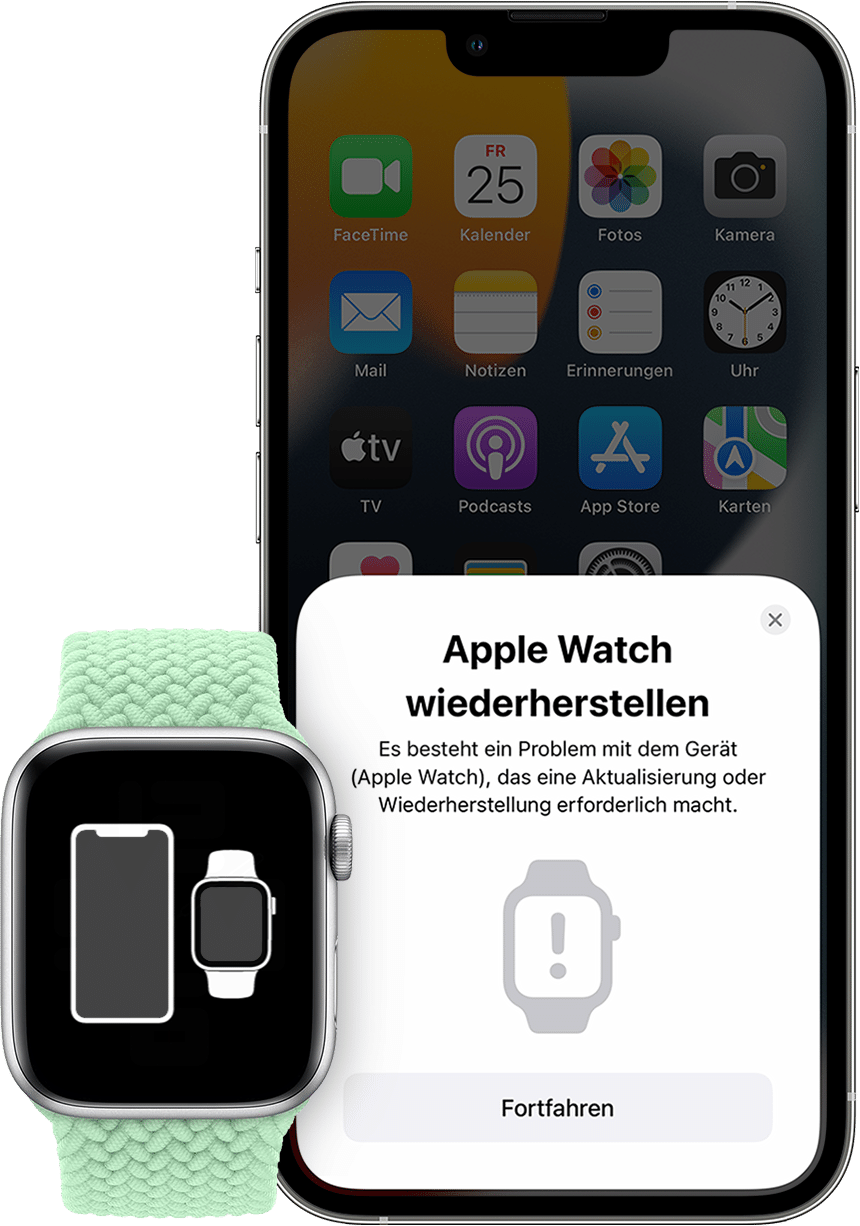 Wenn auf deiner Apple Watch ein iPhone und eine Watch oder ein rotes "!"  angezeigt wird - Apple Support (DE)