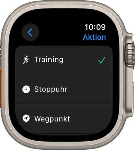 Apple Watch Ultra, auf der der Bildschirm für Aktionen und verschiedene Einstellungen angezeigt werden