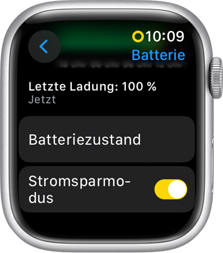Apple Watch mit Anzeige des Stromsparmodus in den Einstellungen