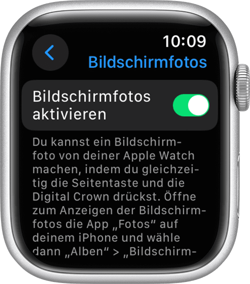 Einstellung „Bildschirmfotos aktivieren“ der App „Einstellungen“ der Apple Watch