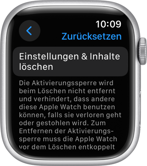 Taste „Einstellungen & Inhalte löschen“ in den Apple Watch-Einstellungen