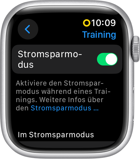 Apple Watch mit Anzeige des Stromsparmodus in den Trainings-Einstellungen